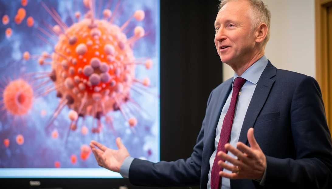 A photo of Julian Adams, PhD, chief science officer of Stand Up to Cancer, explaining how immunotherapy awakens the body's immune system to target cancer cells. Taken with a Nikon D850.