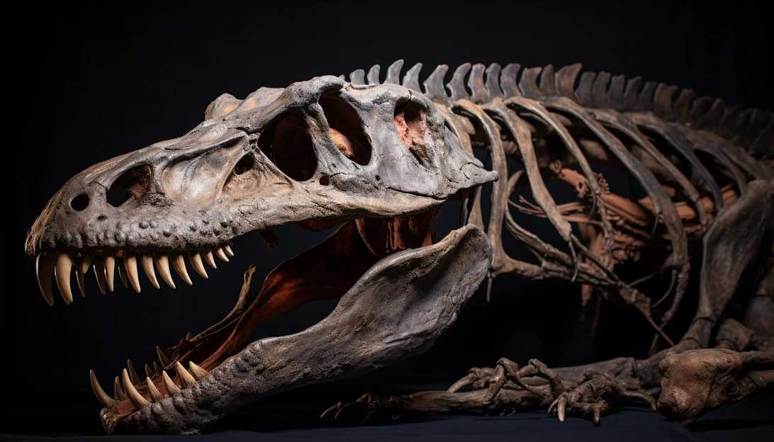 A captivating photograph showcasing the remnants of a Tyrannosaurus rex skeleton. Taken with a Sony A7R IV.