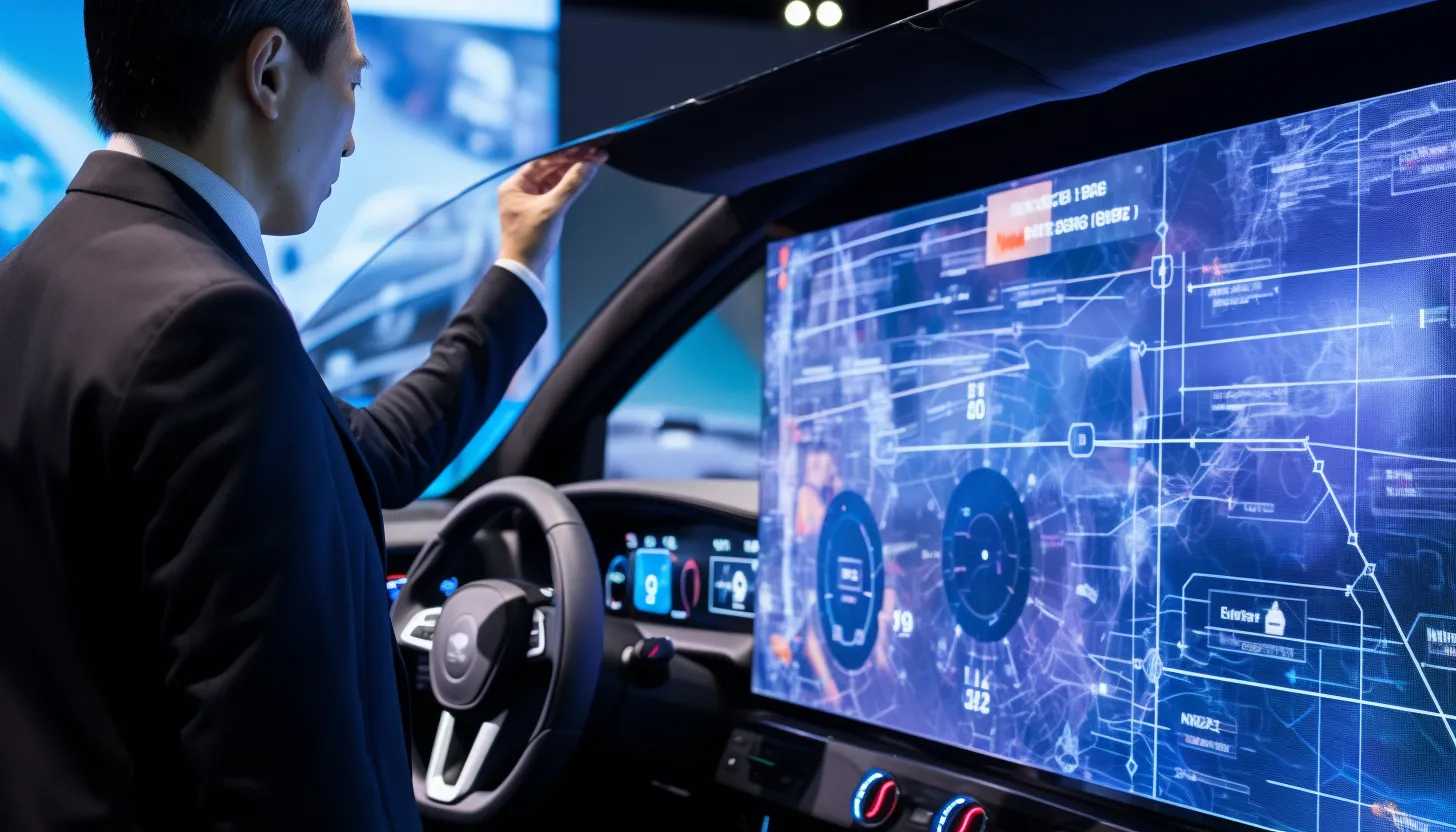 A close-up view of a person interacting with Toyota's AI system on a large touch screen, with the complex codes and blueprints of a new Toyota model displayed on the screen - taken with Nikon D850.