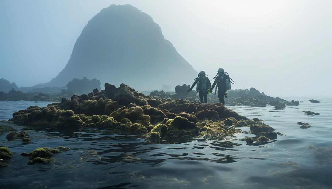 A couple of divers exploring the newly formed tiny island near Iwo Jima, captured with a Nikon D850 camera