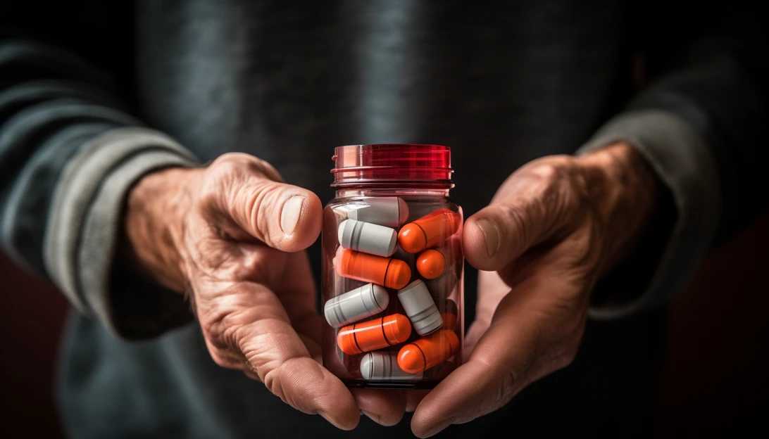 A powerful image showing a person holding a pill bottle with exorbitant price tags, symbolizing the issue of high prescription drug prices. Captured with a macro lens on a mirrorless camera.