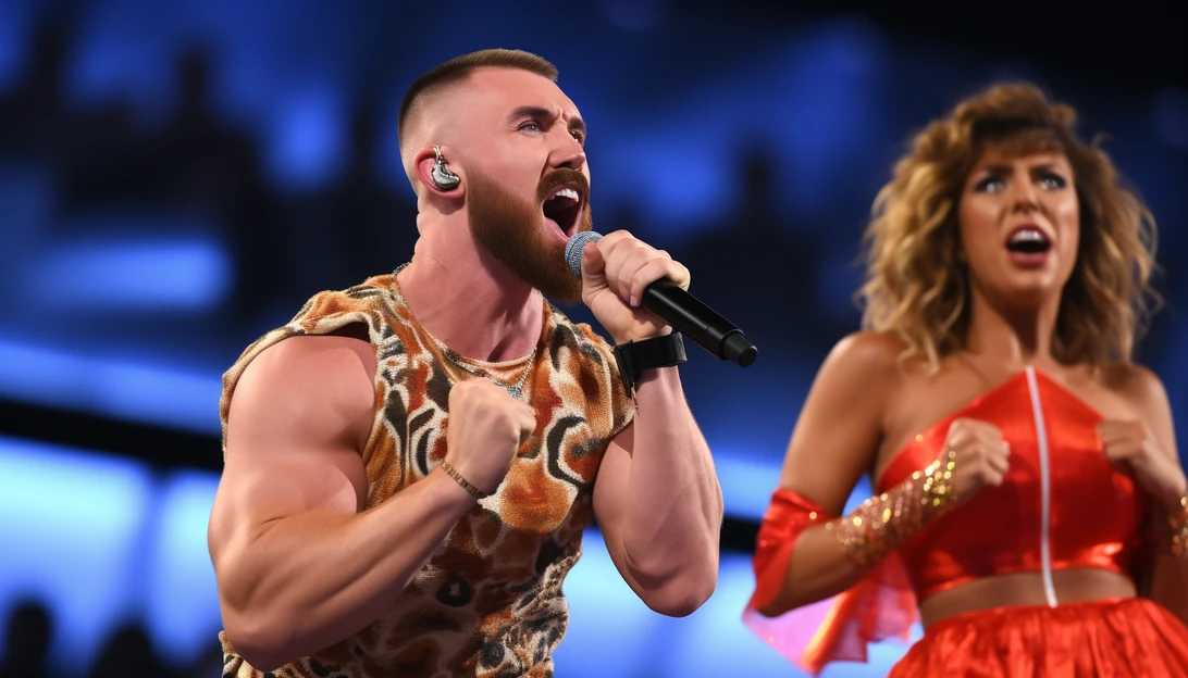 A candid shot of Travis Kelce's shocked expression when Taylor Swift changed the lyrics