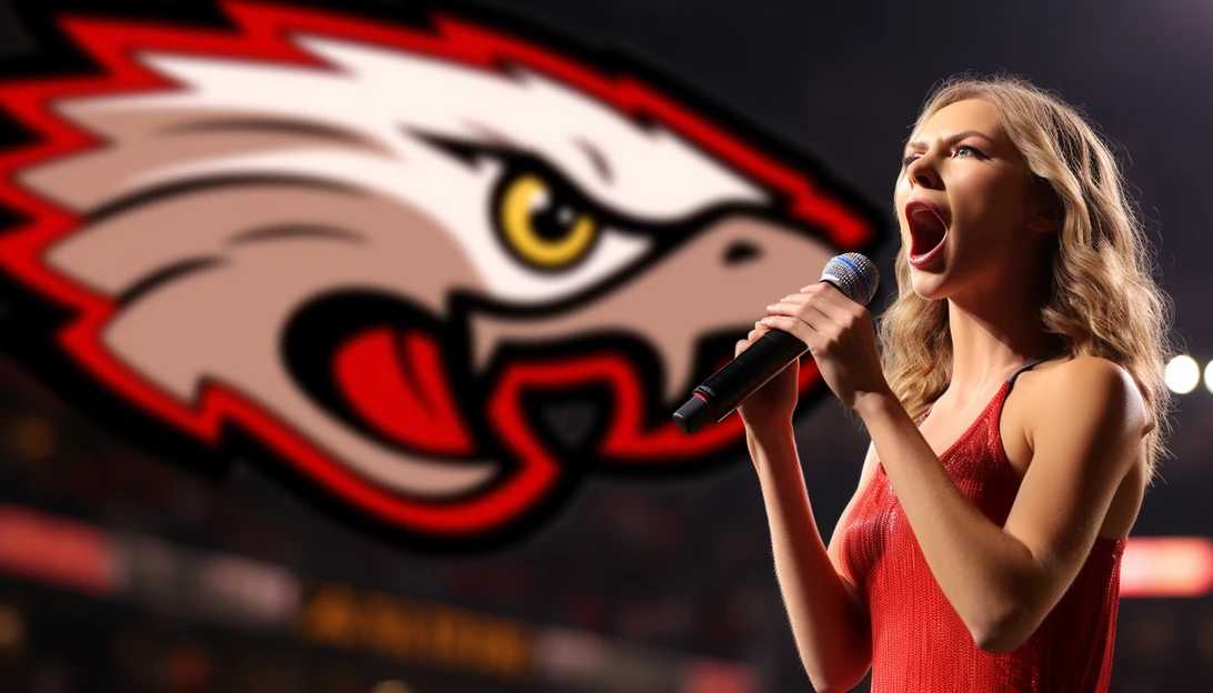 Taylor Swift performing on stage with the Kansas City Chiefs logo in the background