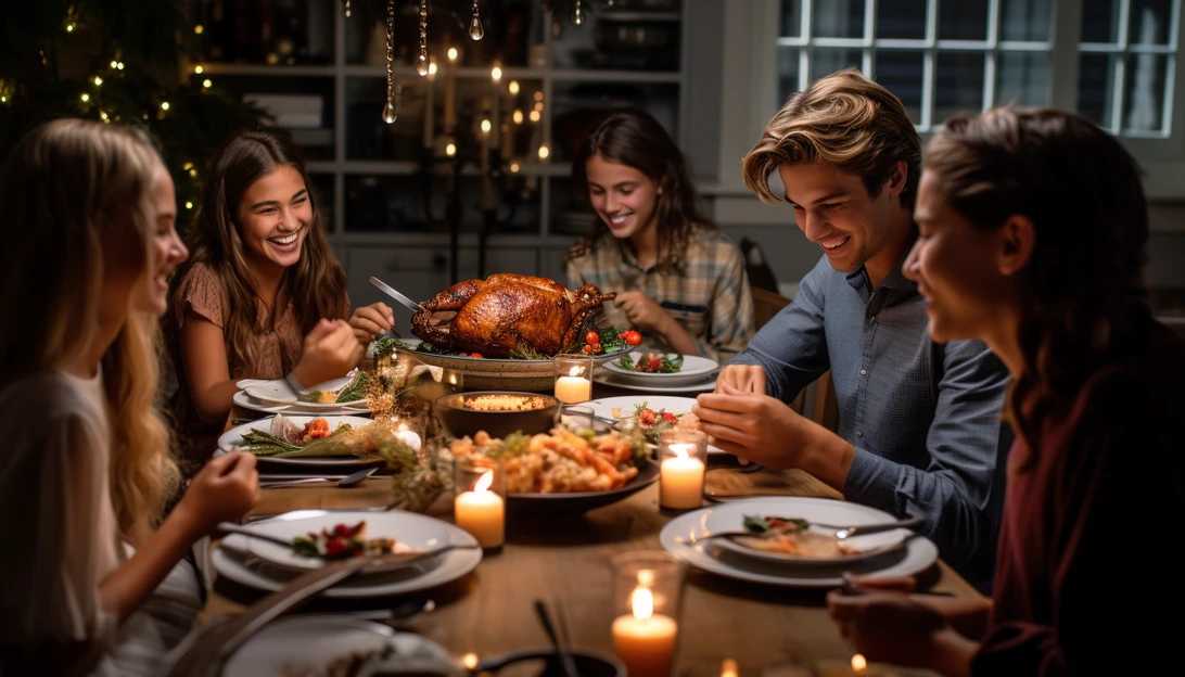 A heartwarming photo capturing a family happily gathered around the Thanksgiving table, enjoying a mouthwatering feast, emphasizing the joy and significance of the holiday, taken with a Sony Alpha a7 III.