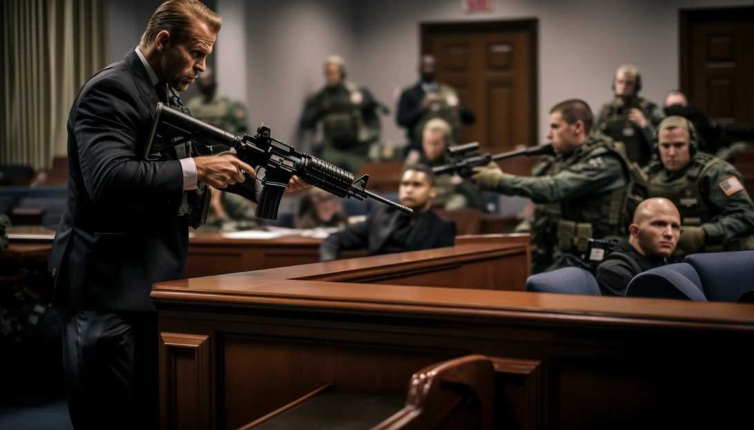 A courtroom scene unfolds as a judge carefully considers the case of an individual under a weapons restriction order. This dramatic photo, taken with a Sony A7 III, symbolizes the importance of due process in the implementation of the law.