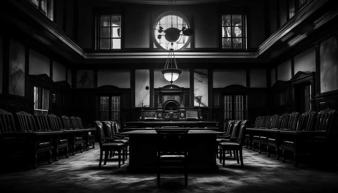 A powerful black and white image of a courtroom, representing the challenging legal battle the Gregory family faced.