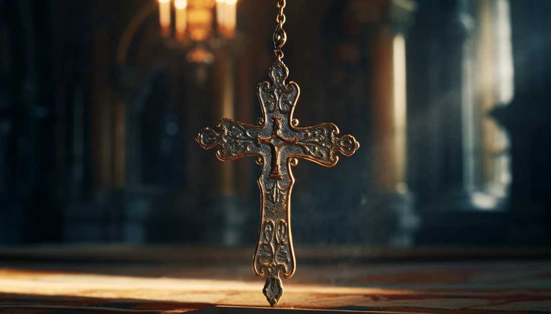 A close-up shot of a cross, representing the father's newfound faith and his search for spiritual solace during a difficult time.