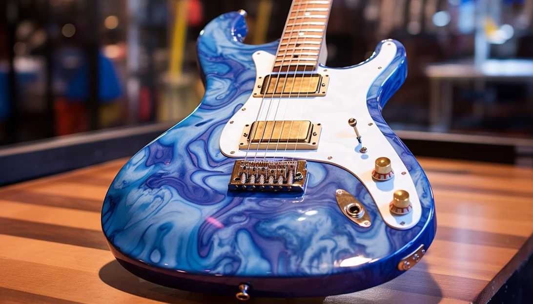 A close-up shot of Prince's blue Schecter 'cloud' guitar, showcasing its unique design, taken with a Sony A7 III.
