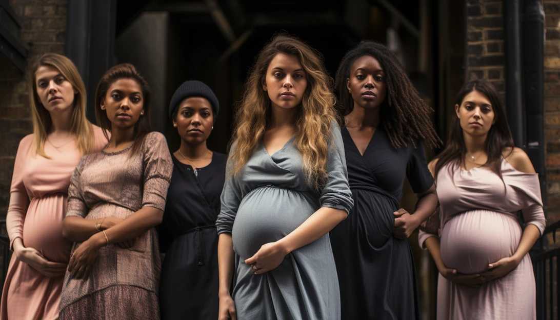 A powerful photograph capturing a diverse group of women supporting and standing in solidarity with pregnant women in need, taken with a Sony Alpha A7 III.