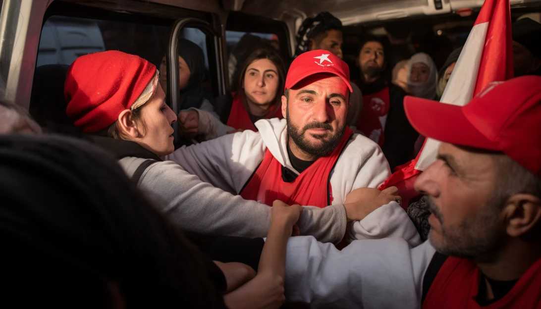 A photo of the Red Cross vehicle carrying released Palestinian prisoners reuniting with their relatives, symbolizing the aftermath of the hostage release. (Taken with Nikon D850)