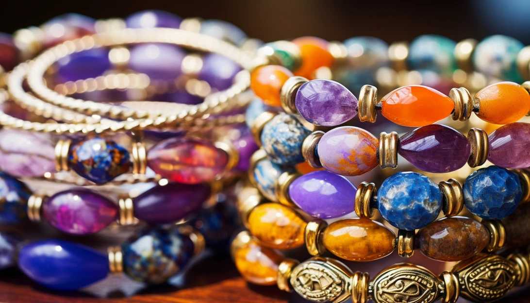 Close-up of colorful bracelets on a table. [Photo prompt: taken with Nikon D850]