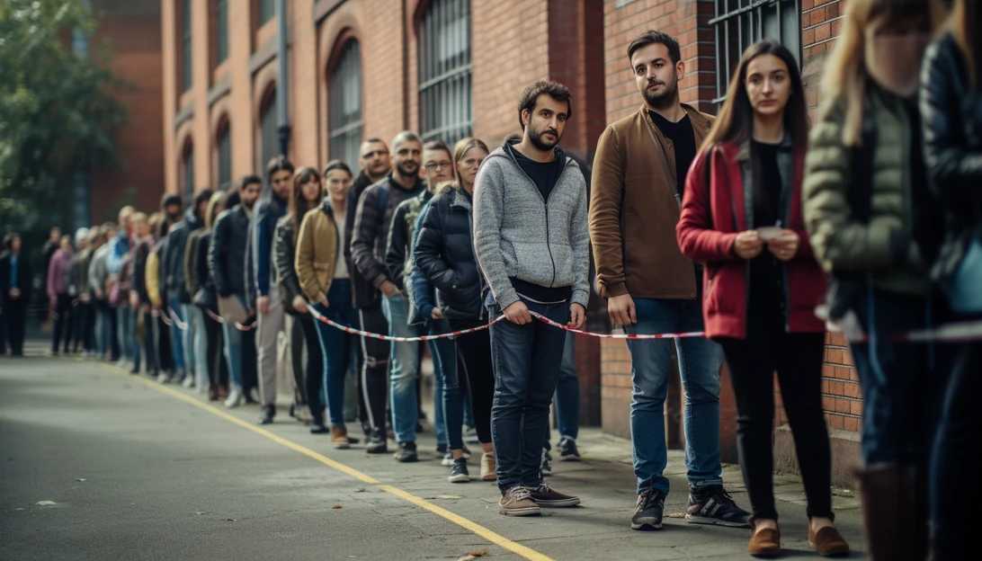 Voters standing in line at a polling station, eager to cast their ballots, taken with a Sony A7 III.
