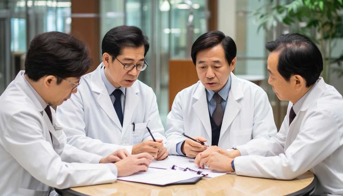 A group of South Korean experts discussing hair loss treatments, contemplating various solutions. (Photo prompt: Taken with Nikon D850)