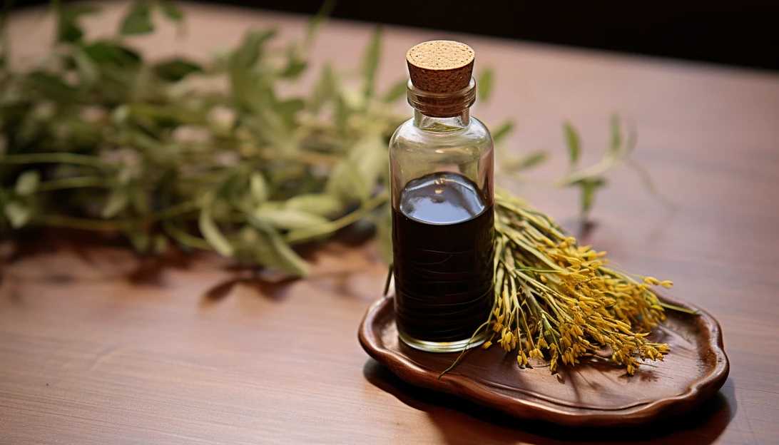 An open bottle of hair tonic made from traditional Oriental herbs, commonly used in North Korea as a potential remedy for hair loss. (Photo prompt: Taken with Sony Alpha a7 III)