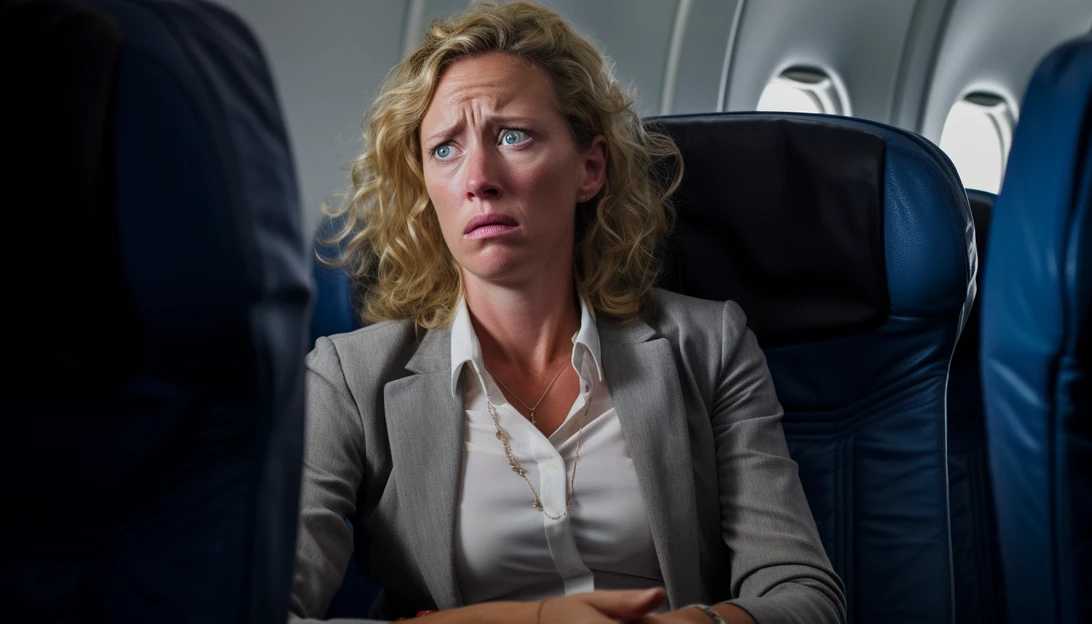 A woman with a nervous expression sitting in an airplane seat.