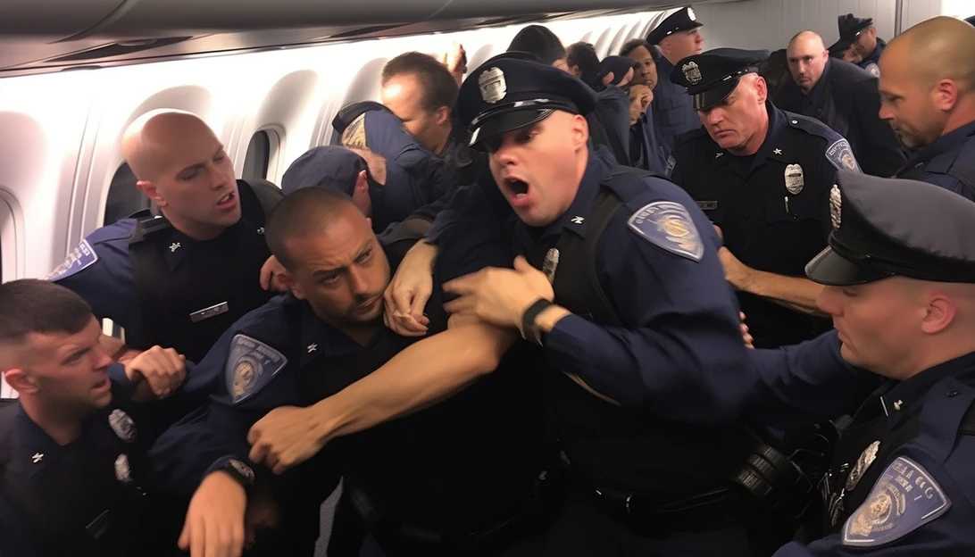 A group of police officers escorting an unruly passenger off the plane upon arrival.