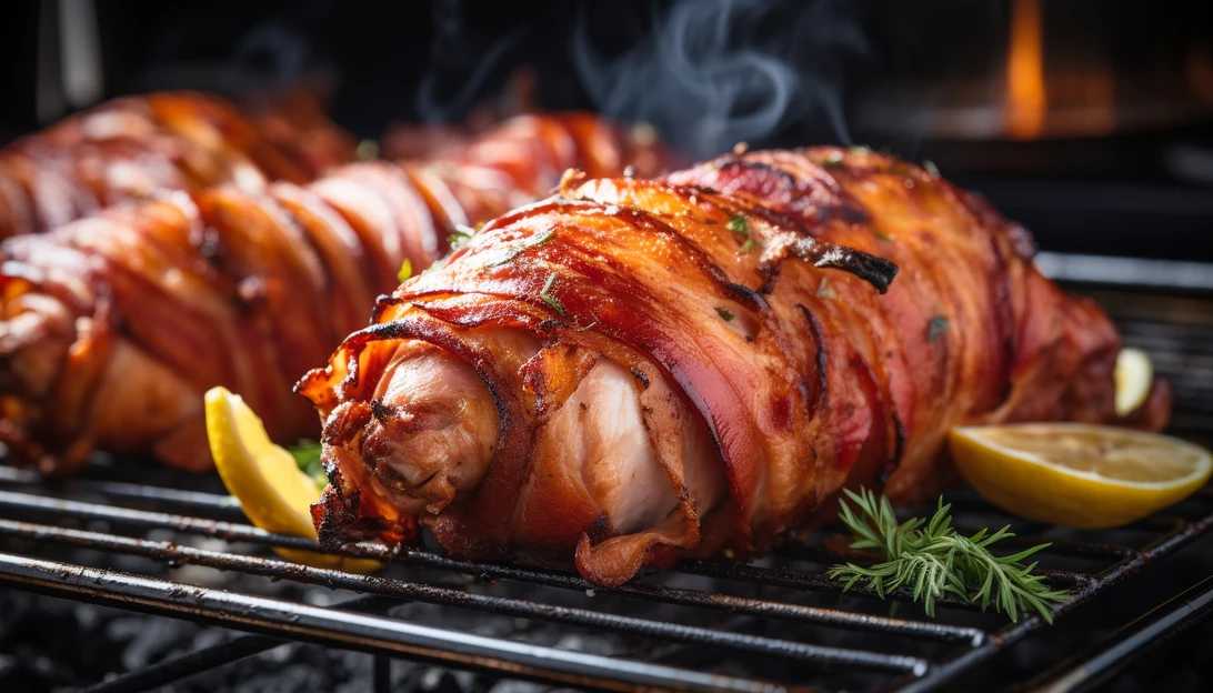 Image prompt: A close-up shot of the delicious and crispy bacon-wrapped turkey, fresh out of the air fryer. The bacon is perfectly browned and adds a savory touch to the tender turkey meat. (Taken with a Canon EOS 5D Mark IV)
