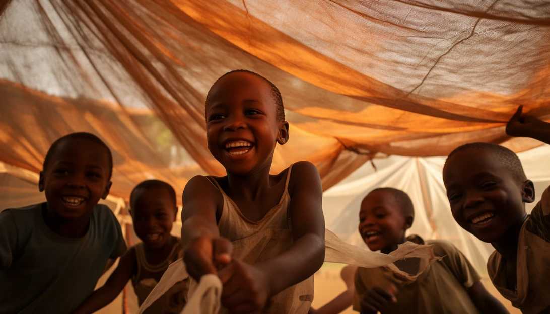 A group of children in Africa playing joyfully under the protection of a mosquito net, taken with a Sony Alpha a7 III