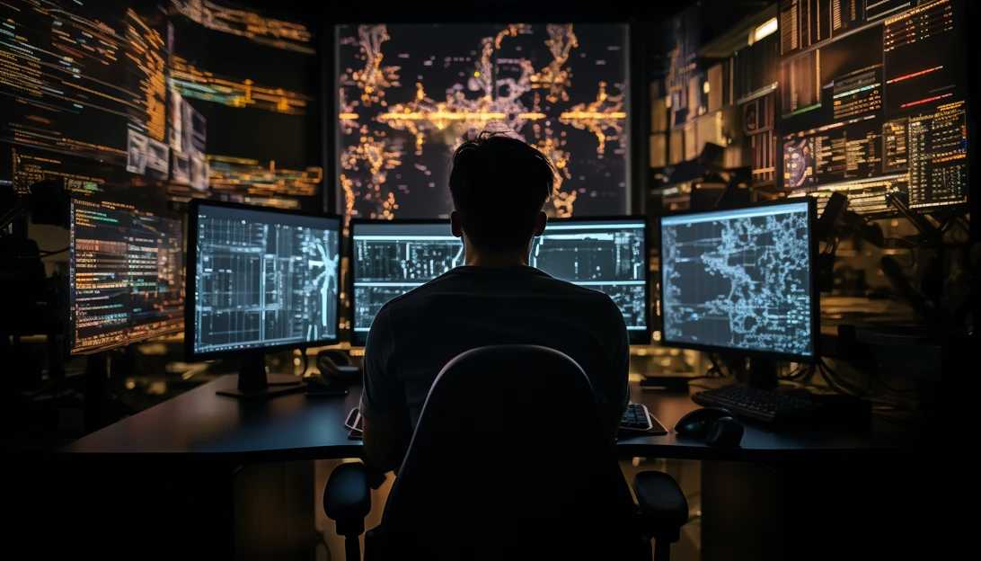 A cybercrime investigator analyzing computer screens filled with intricate lines of code, determined to uncover the truth behind the clickjacking threat. (Taken with Canon EOS 5D Mark IV)