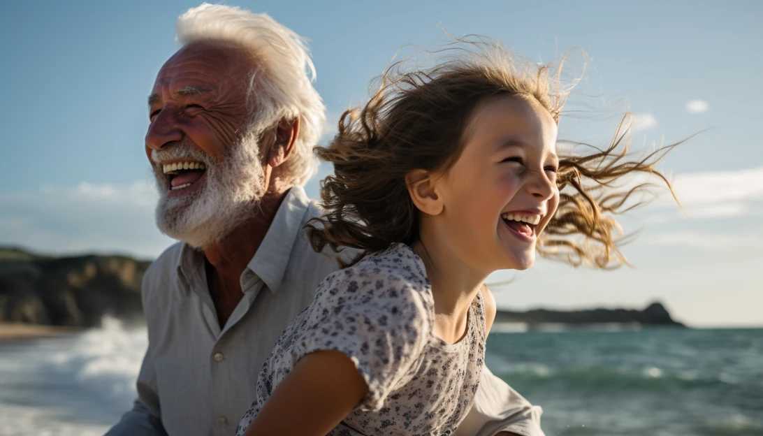 A heartwarming photo capturing the bond between a grandfather and his granddaughter, enjoying a sunny day at the beach. This moment, taken with a Canon EOS R camera, depicts pure joy and love.