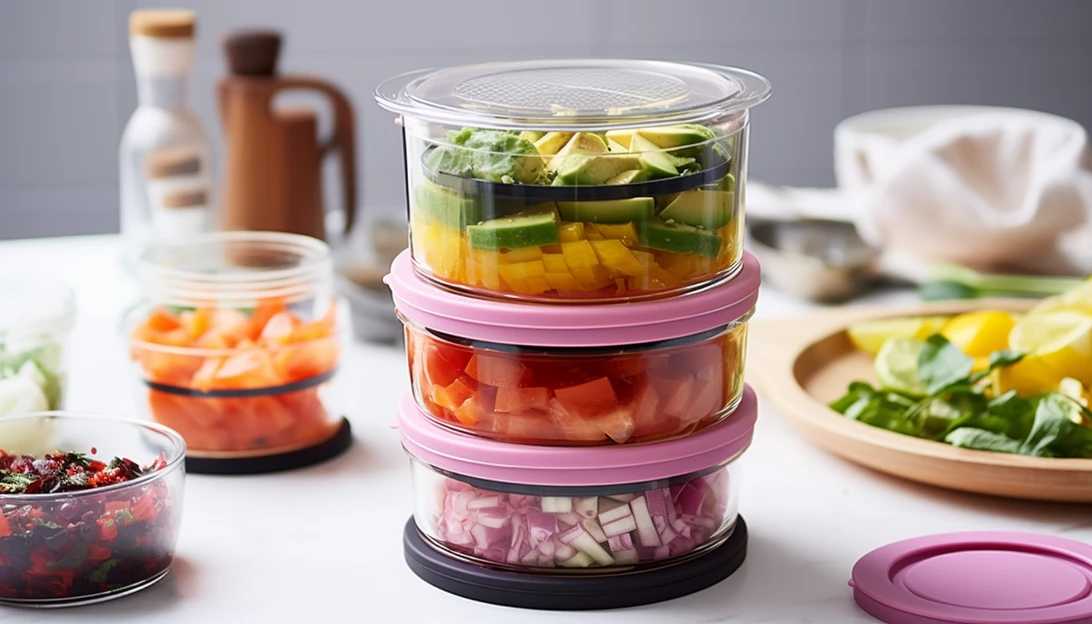 An image captured with a Nikon D850 camera showcasing the colorful lids and silicone protection bases of the Ello Meal Prep Glass Food Storage Containers.