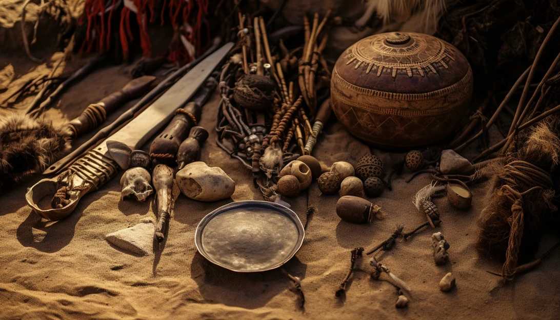 An archaeological artifact of a prehistoric woman's burial site, featuring weapons that highlight the importance of hunting in their culture. Taken with a Sony A7 III.