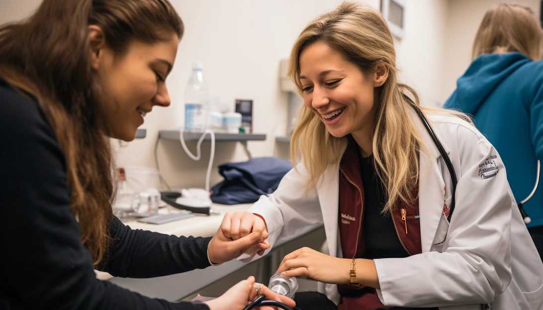 A young woman getting her blood pressure checked by a nurse, emphasizing the significance of regular health screenings. (Taken with Sony Alpha A7 III)