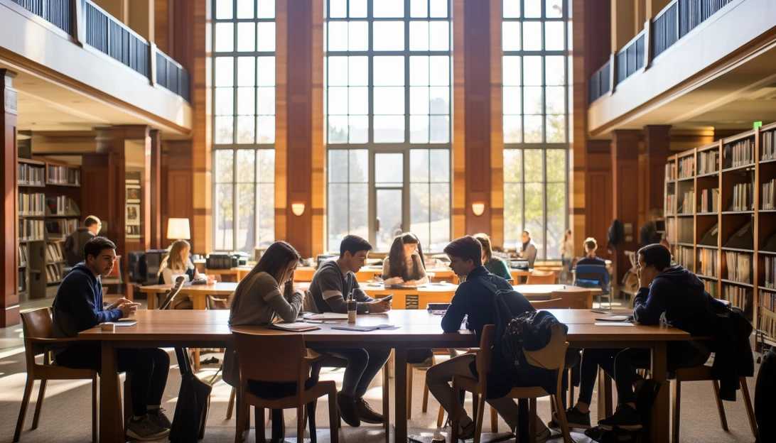 A group of students studying together in a university library, a testament to the opportunities for education provided by the Lewiston Strong Tuition Waiver program.
