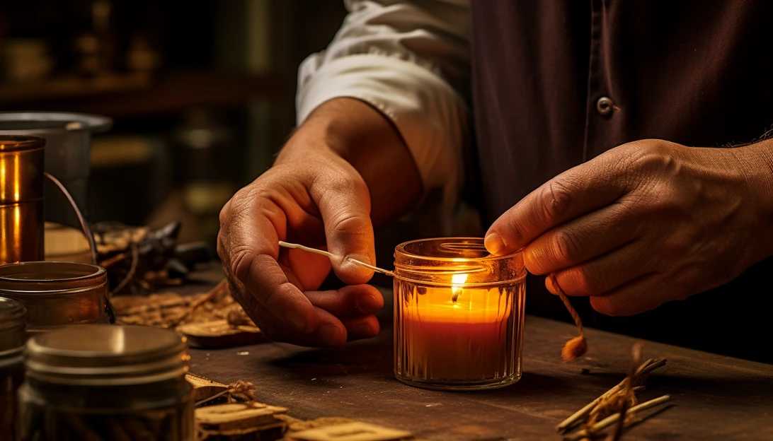 A hand trimming the wick of a scented candle, preparing it for a safe and even burn. (Taken with Canon EOS 5D Mark IV)