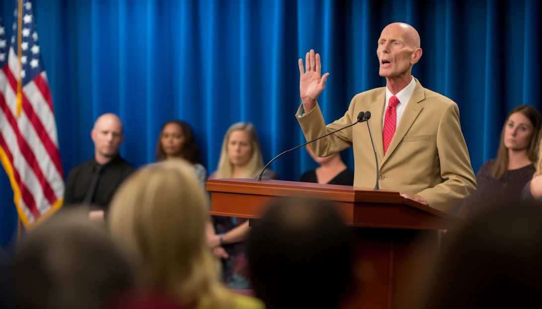 An image of Sen. Rick Scott addressing the crowd at the press conference, captured by a Canon EOS 5D Mark IV.