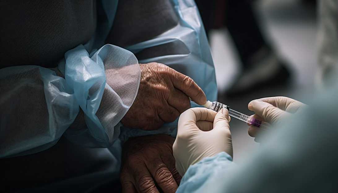 A close-up photo of a person receiving a COVID-19 vaccine shot. The image captures the hope and protection offered by vaccination. Taken with Canon EOS R6.