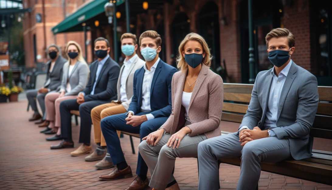 A group of diverse individuals wearing masks and practicing social distancing in a crowded outdoor setting. The image highlights the importance of risk-mitigating behaviors. Taken with Sony A7III.