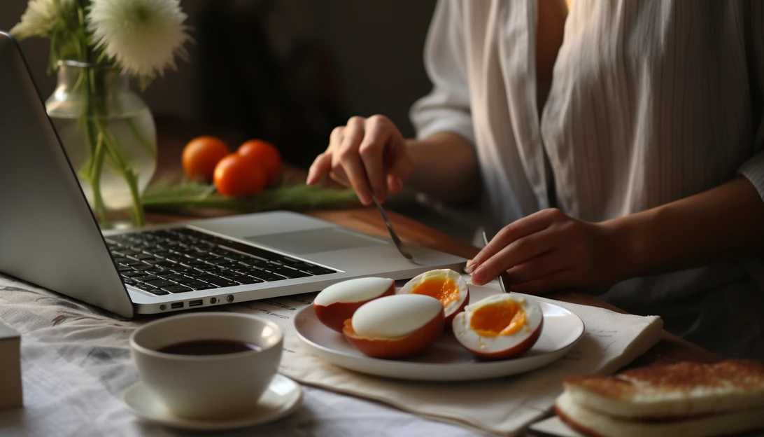 Despite the latest research and the 2020 Dietary Guidelines giving eggs a green light in healthy eating, conflicting info still swirls in the media and online. [Photo prompt: A woman reading news articles about eggs on a laptop, taken with a Canon EOS R]