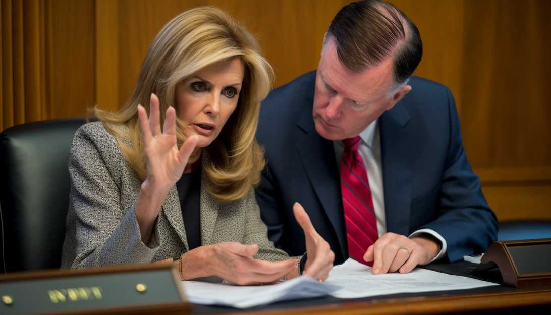 A photo of Senators Marsha Blackburn and John Cornyn, determinedly discussing the PRINTS Act to protect children from exploitation and abuse, taken with a Sony Alpha A7 III.