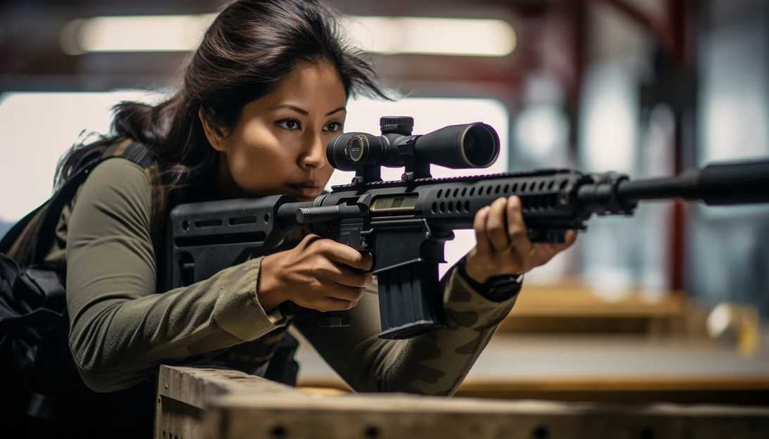 A photo of a woman from a minority community confidently practicing her marksmanship at a shooting range, taken with a Sony Alpha A7 III.