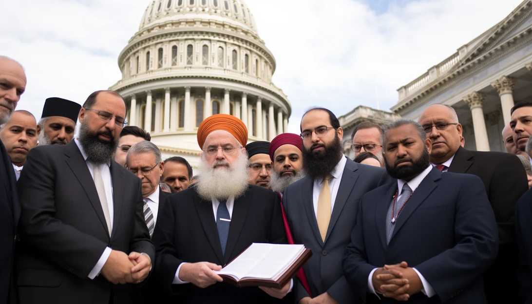 A picture of diverse faith leaders standing together, holding the signed letter urging Congress to combat antisemitism, taken with a Sony A7R III camera.