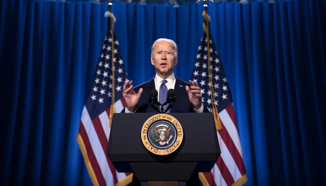 An image of President Biden delivering a speech on his administration's policies, captured by a Nikon D850 camera.