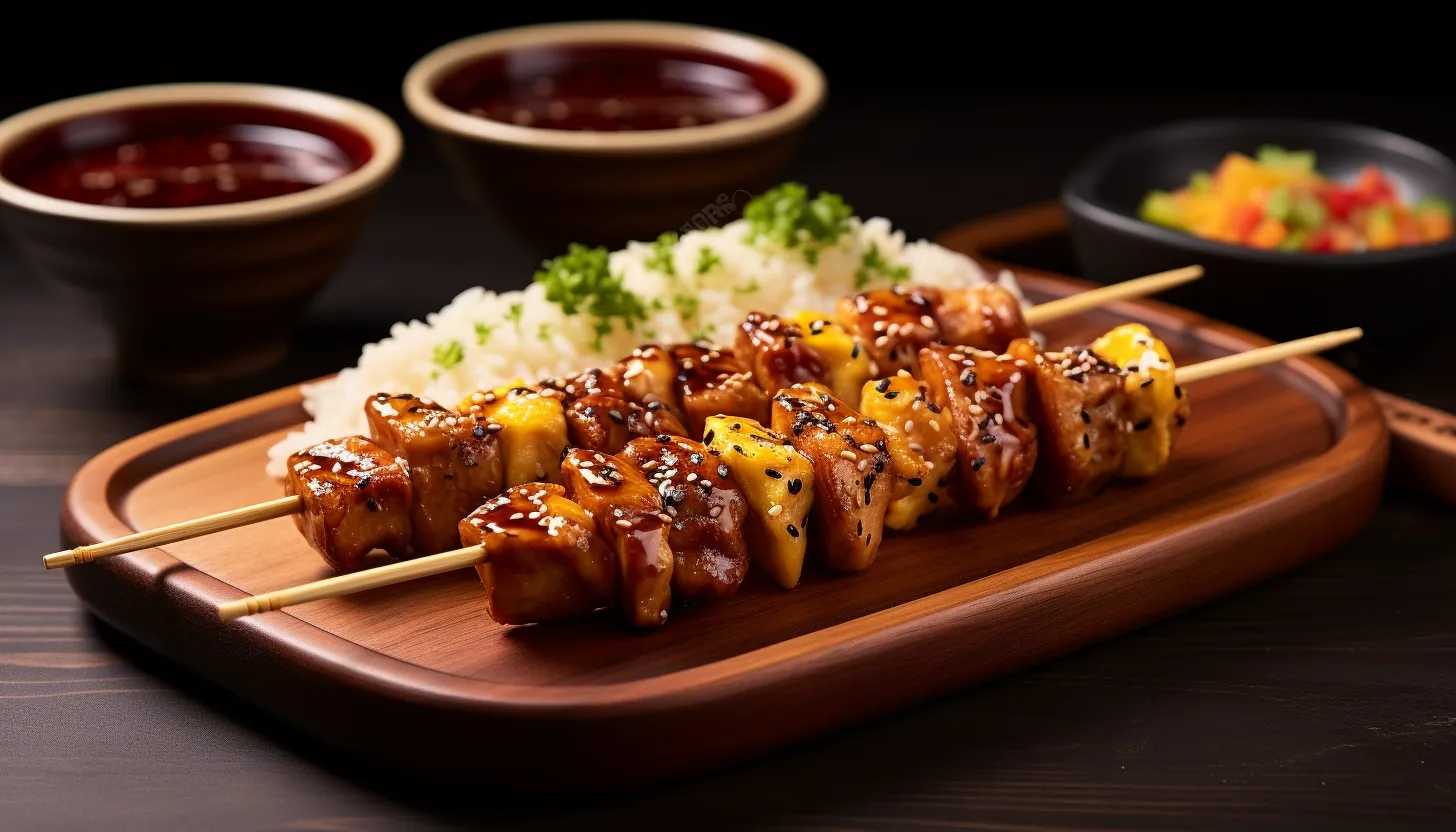A tantalizingly shot of the finished Grilled Teriyaki Chicken Pineapple Skewers, served warm on a polished wooden plate. The teriyaki sauce has been brushed over the skewers, providing a glossy finish that accentuates the food's inviting appeal. Each skewer is positioned in a way that illustrates the ensemble of flavors to be expected in each bite. Paired with freshly baked pita bread or a portion of steamed rice, the plate embodies the perfect summer meal. (Taken with Nikon D850)