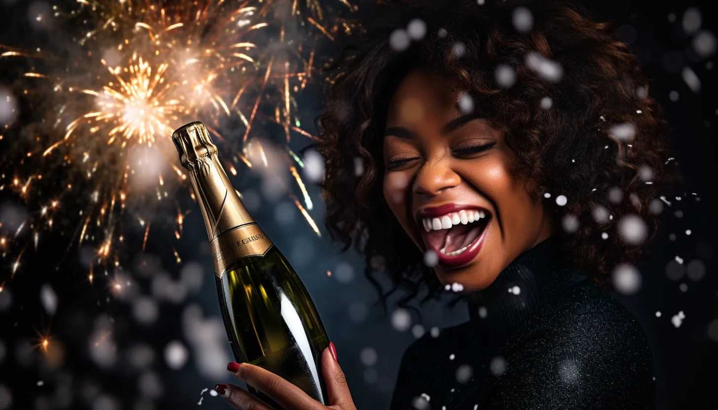 A festive image of a champagne spray overlooking a joyful celebration, focusing on a well-known person like Oprah Winfrey holding the bottle. This image is a representation of the joyous occasions where these sparkling wines are often consumed. - Taken with Sony Alpha 7 III.