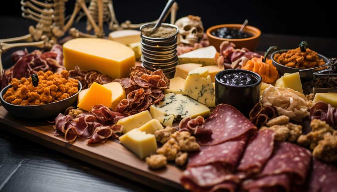 A captivating image showcasing the assortment of cheeses, crackers, and meats on the charcuterie board, perfectly complementing the spooky theme. Taken with a Sony Alpha a7 III.