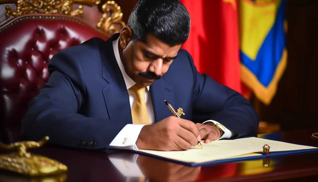 Venezuelan President Nicolas Maduro signing the electoral roadmap agreement. [Photo Prompt: Nicolas Maduro signing the agreement]