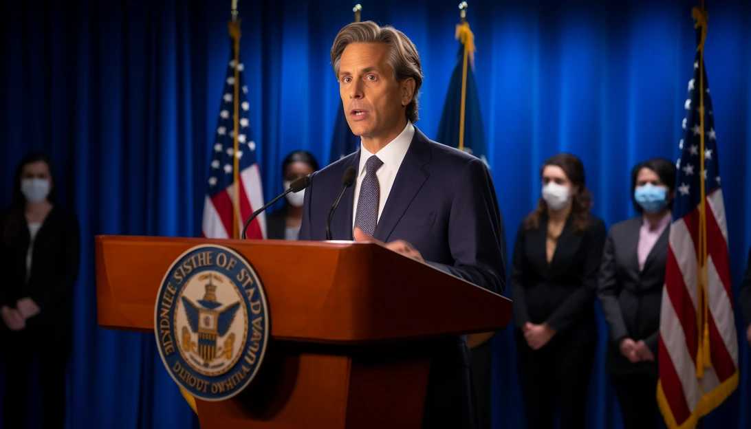 Secretary of State Antony Blinken addressing the press, emphasizing the expectations for fair elections in Venezuela. [Photo Prompt: Antony Blinken standing behind a press podium]