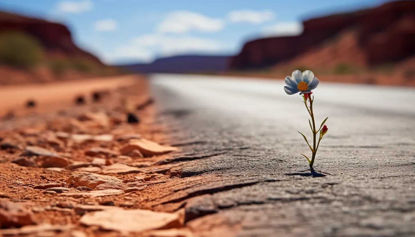 A shot highlighting the solitude of a desolate rural road. Use shallow focus to draw attention to an object symbolizing hope, like a small flower growing amidst the barren surroundings. Taken with a Nikon D850.