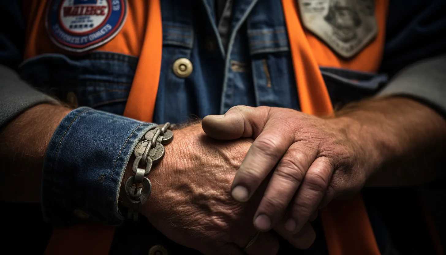 A close-up of a pair of hands holding a Truckers Against Trafficking badge. Emphasize the strength and determination in the weathered hands, representing their stand against the inhumanity of trafficking. Taken with a Sony Alpha 7R III.