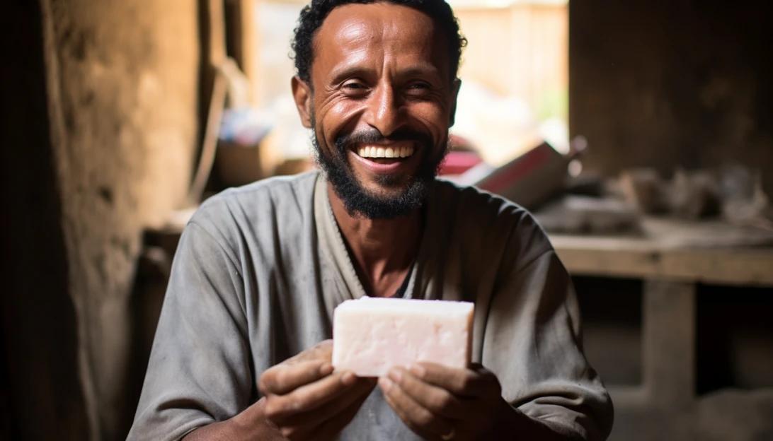 A photo of Heman Bekele holding a bar of soap, with a smile of accomplishment on his face. (Taken with Canon EOS 5D Mark IV)