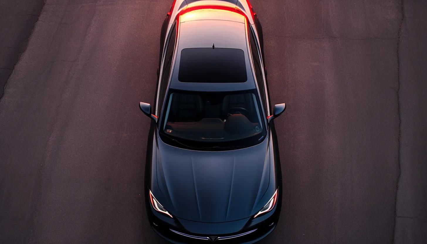 A top-down shot of the Tesla Model Y, showing its sleek design and luxurious interior. As the sun sets, the faint glow from the city's lights illuminates the car in a perfect blend of nature and technology - taken with Canon EOS 5D Mark IV.
