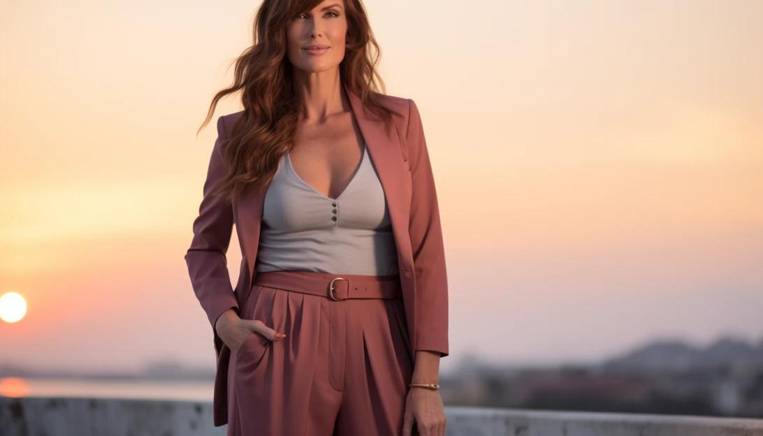 Renowned supermodel Carol Alt posing elegantly with a stunning sunset backdrop, taken with a Canon EOS R6.