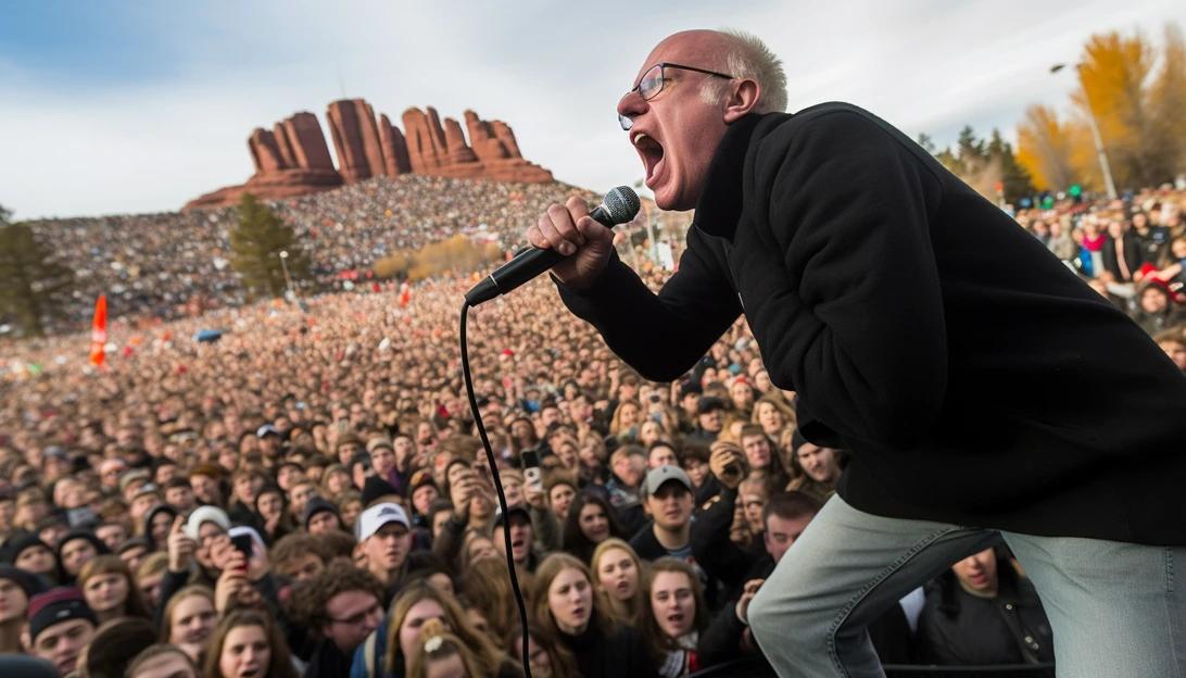 An image of Bernie Sanders passionately addressing a crowd during a political rally, taken with a high-resolution DSLR camera.