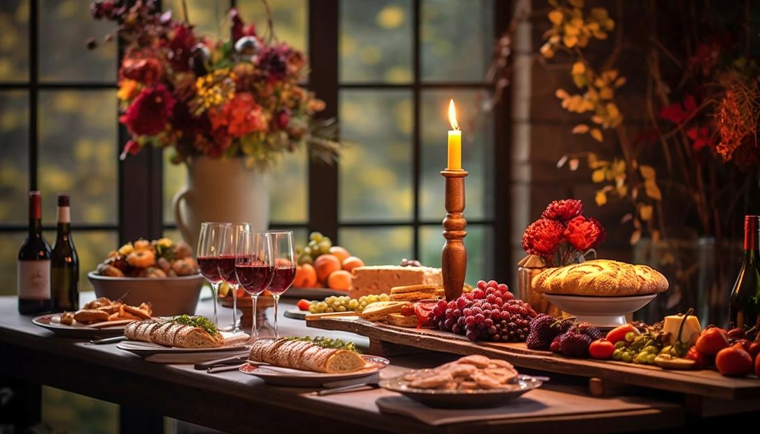 A picturesque scene of a Thanksgiving dinner table beautifully decorated with autumn colors and a delicious spread of food, taken with a Canon EOS 5D Mark IV.