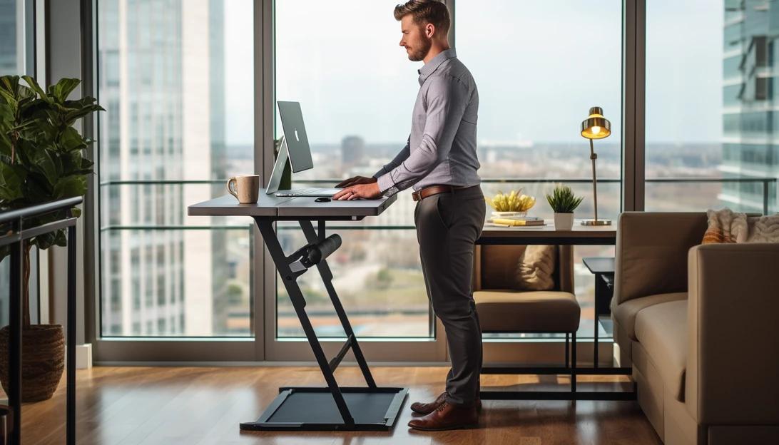 A person standing at a standing desk, working on a laptop to promote a healthy work environment. (Taken with Canon EOS 5D Mark IV)